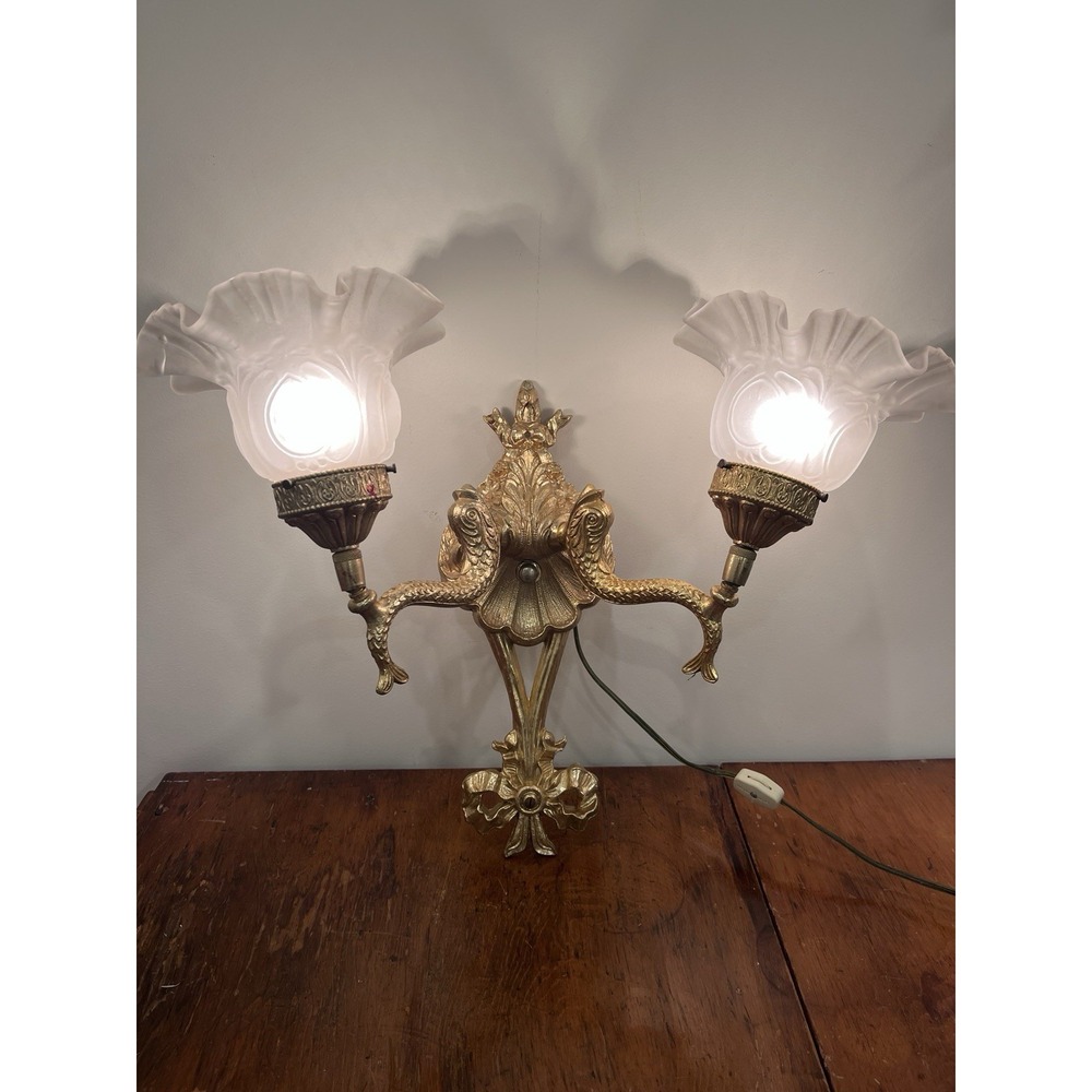 Antique Gilt Rococo 2 Arm Wall Sconce  Electric Corded Fish Glass Scallop Shades